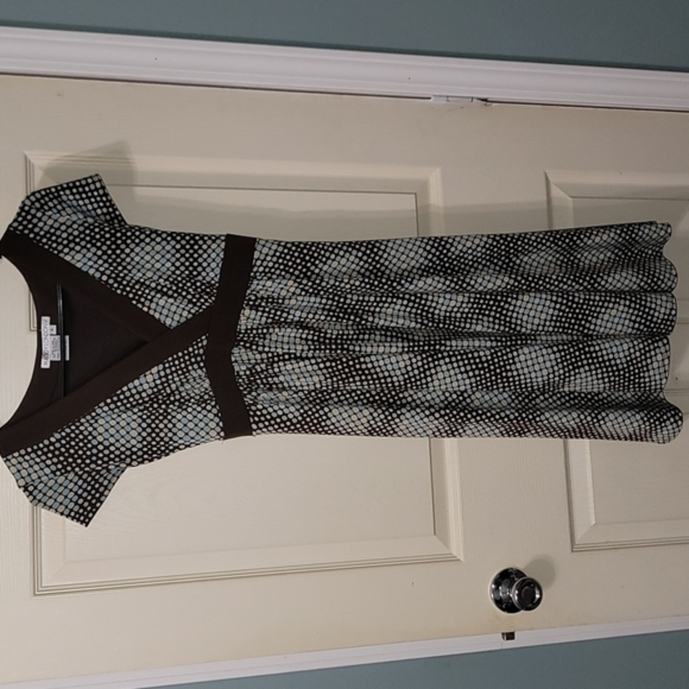 Maggie Landon Brown w/Blue & Beige Polka-dots Dress Women's 6 Great Condition
